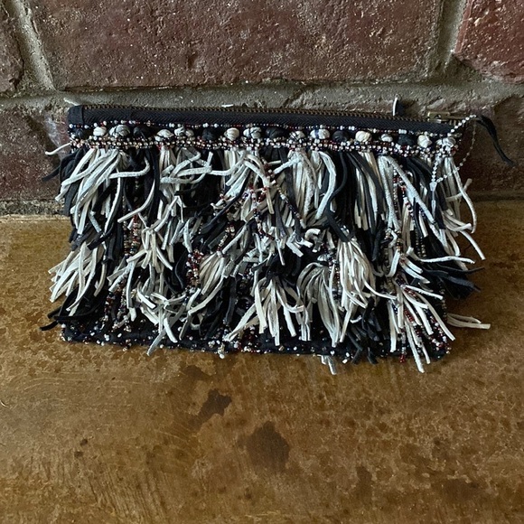 Leather fringe beaded boho zipper top‎ clutch bag - Picture 1 of 5